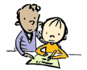 illustration of one student writing, and one student helping